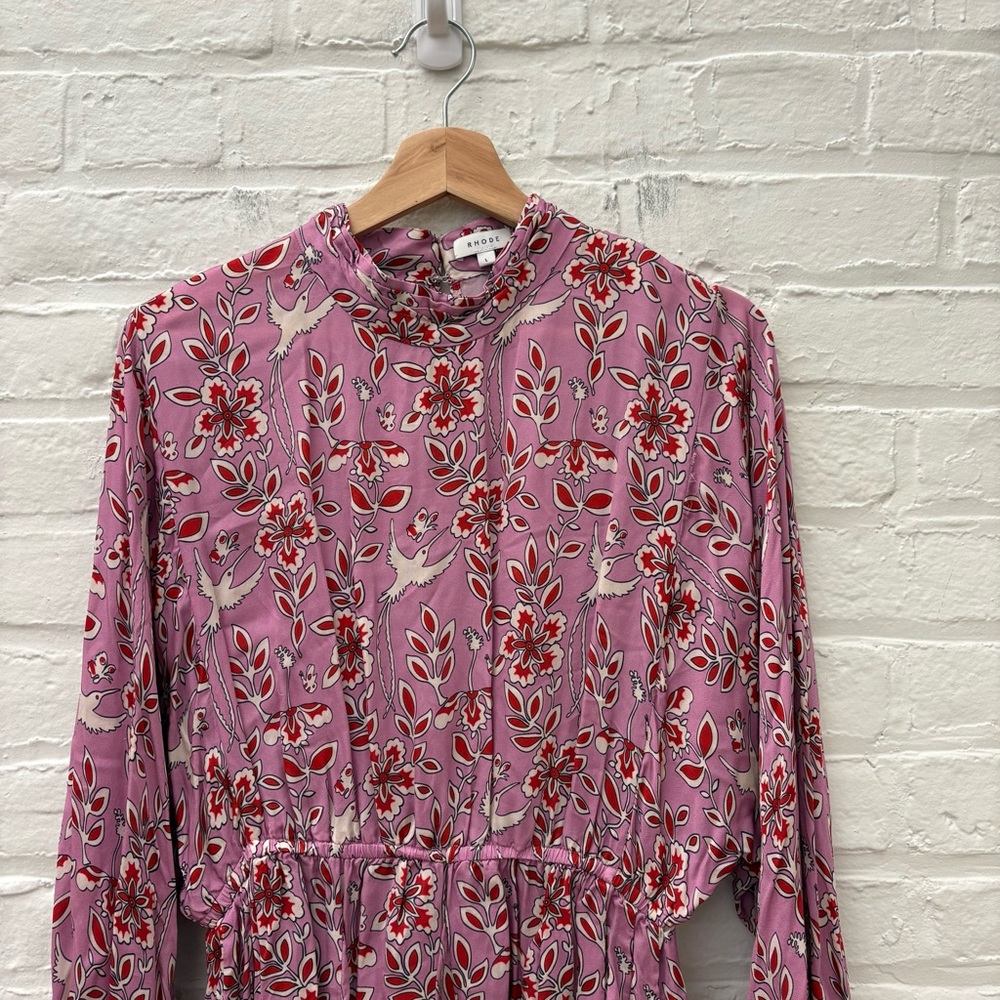 RHODE || Caroline High Neck Mini Dress Eden Floral Birds Pink Large - Picture 3 of 8